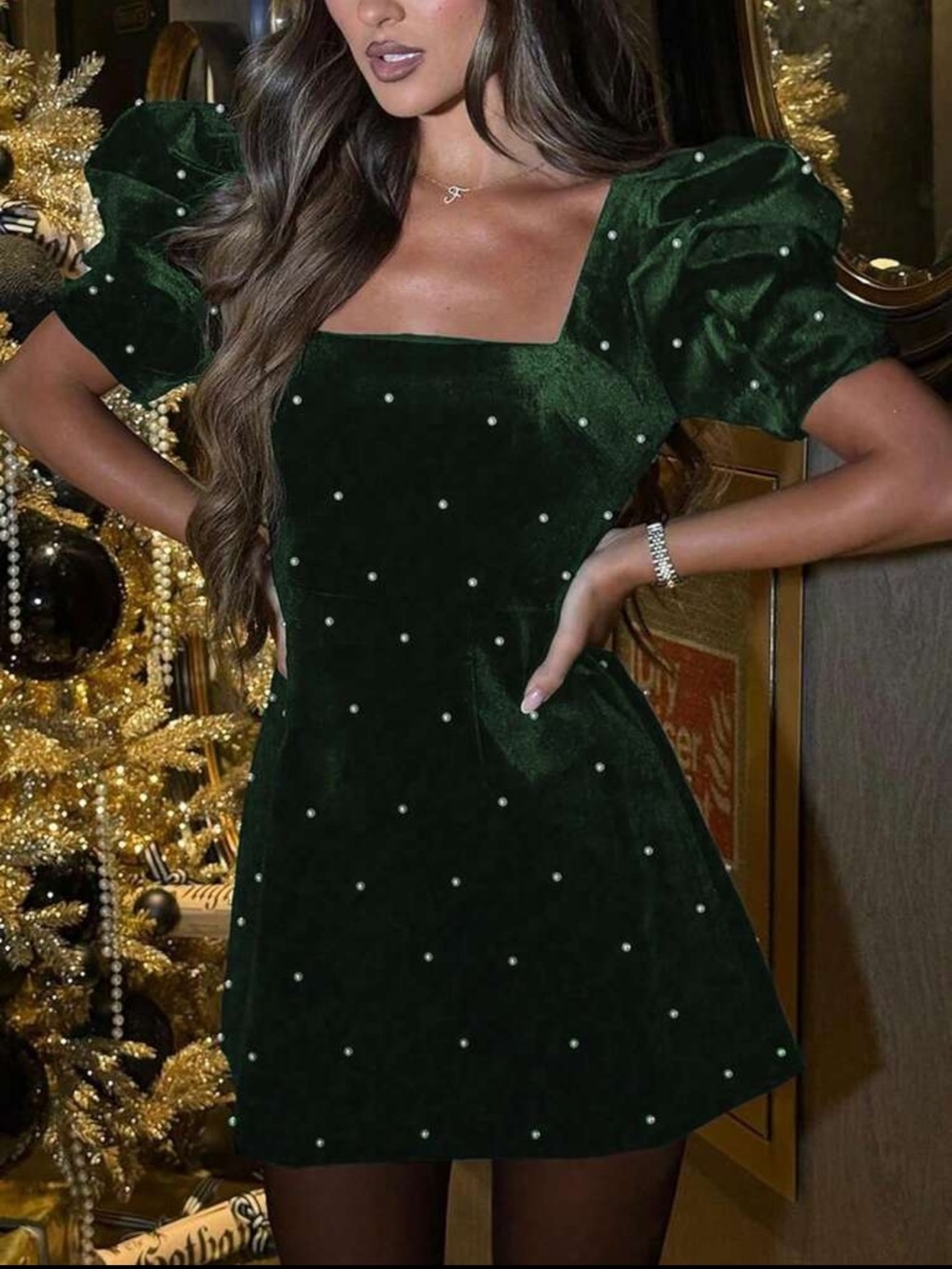 Elegant Pearl-Embellished Dark Green Velvet Mini Dress